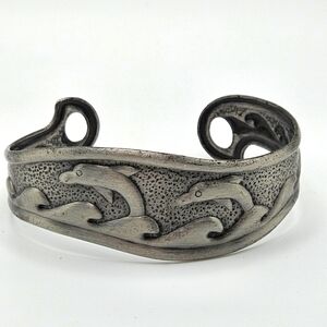 VINTAGE Silver Tone Metal Dolphin Wave Adjustable Cuff Bracelet Ocean Beach